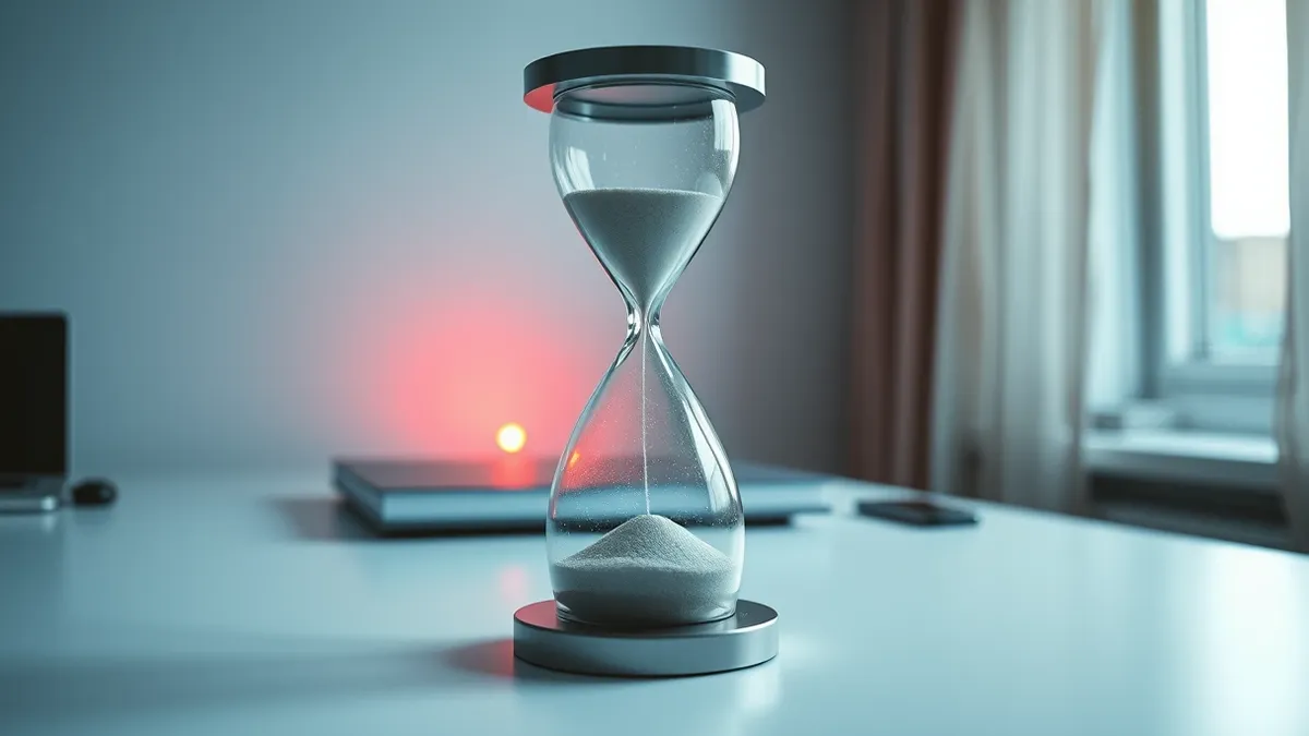 Illustration: An oversized hourglass sits on a sterile white desk, its sand flowing rapidly from the top bulb to the bottom.