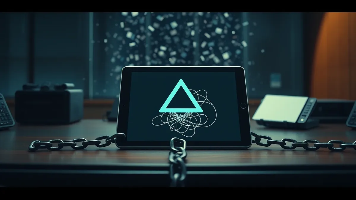 Illustration: A sleek office desk holds a tablet displaying a stark warning triangle and a tangled knot of digital threads.