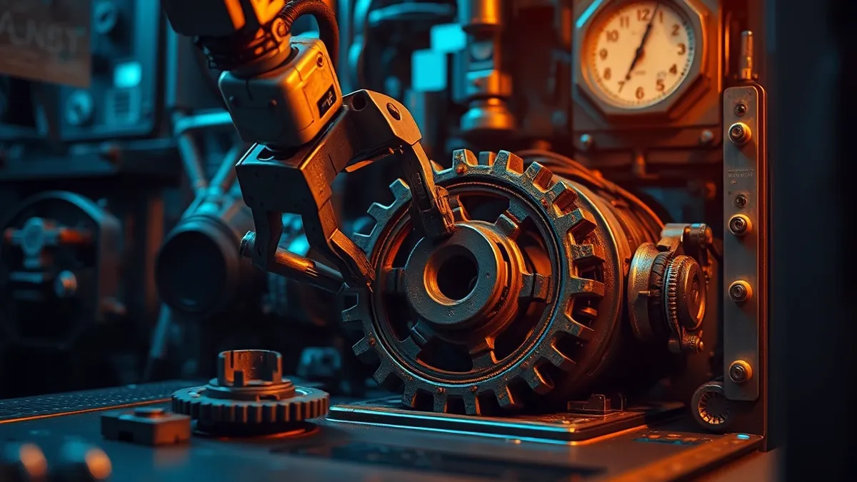 Illustration: A specialized robotic arm carefully replaces a cracked, rusted gear in a complex machine.