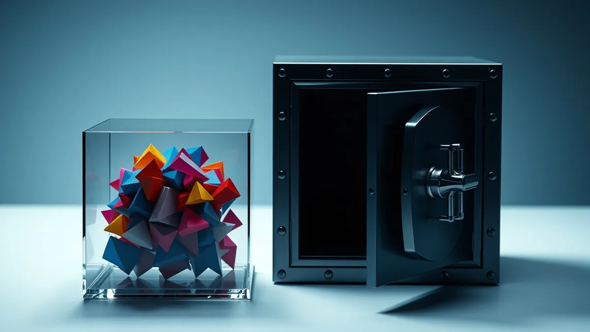 Illustration: A transparent glass box sits on a clean white surface, containing a jumble of colorful geometric shapes that represent raw data.