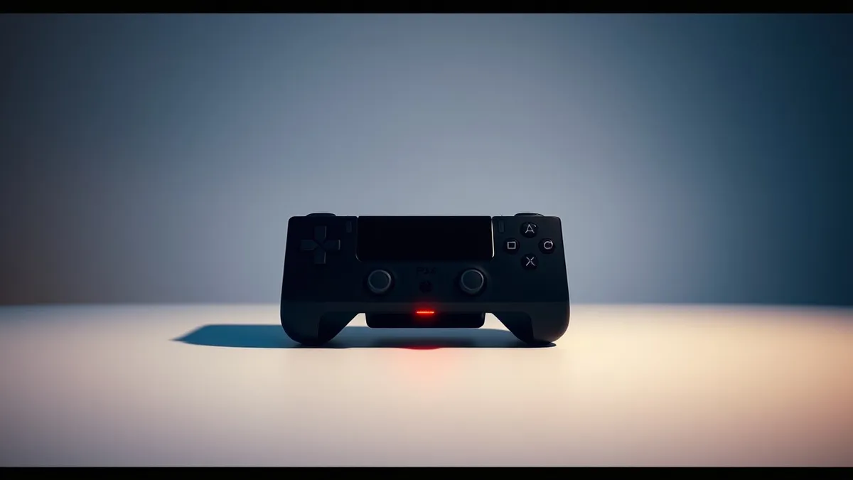 Illustration: A sleek black gaming console sits isolated on a plain white surface, casting a sharp shadow.