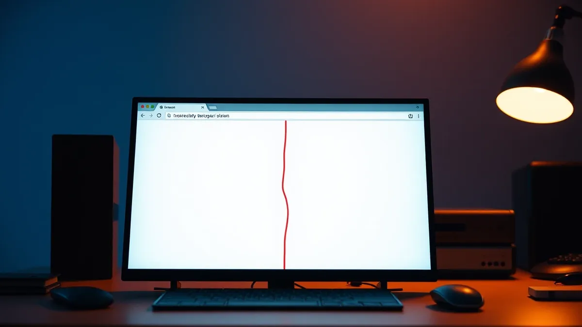 Illustration: A blank web browser window sits open on a desk, displaying a single abstract red line that splits the white background into two distinct sections, symbolizing a hidde