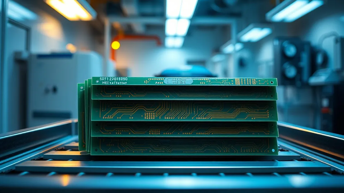 Illustration: A stack of green printed circuit boards rests on a metal tray in a cleanroom.