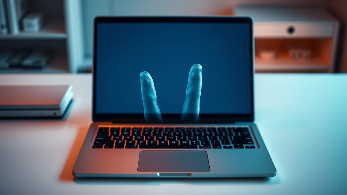 Illustration: A sleek silver laptop sits on a clean white desk, its screen glowing with a blank, dark interface.