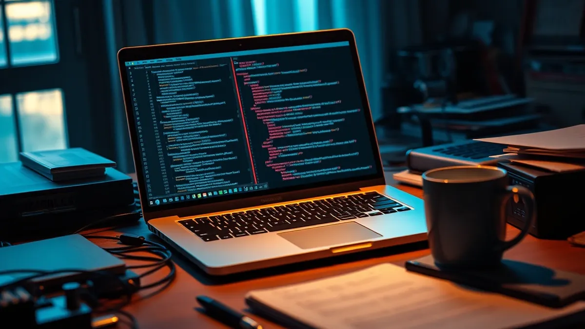 Illustration: A sleek laptop sits on a cluttered desk, its screen displaying lines of abstract code with a single red highlight marking a logical gap.
