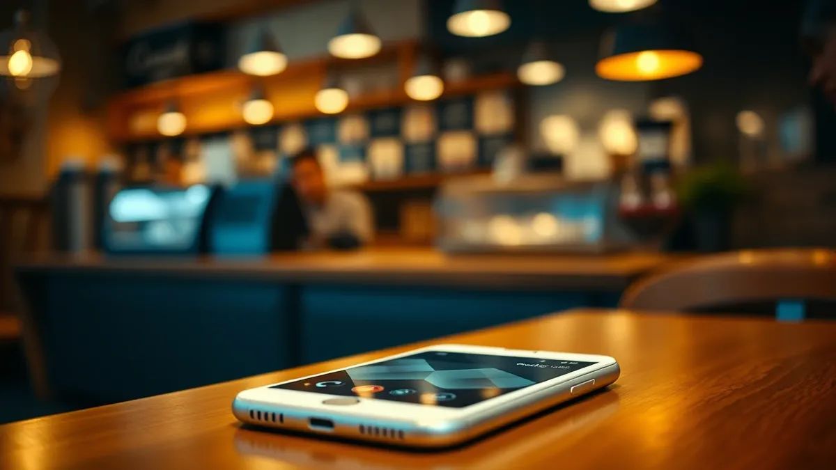 Illustration: A white smartphone rests on a wooden table, its screen displaying a generic call interface with abstract geometric shapes representing order details, while a blurred 