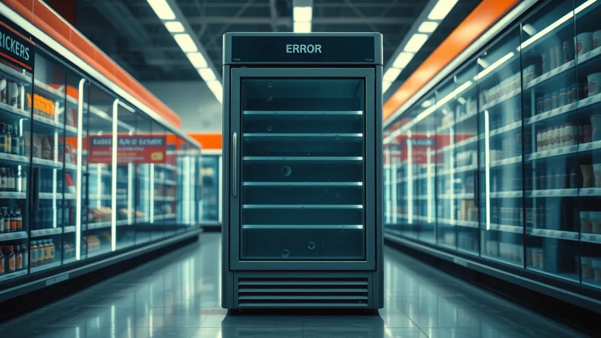 Illustration: A commercial refrigeration unit sits in a supermarket aisle with its digital control panel displaying abstract error shapes.