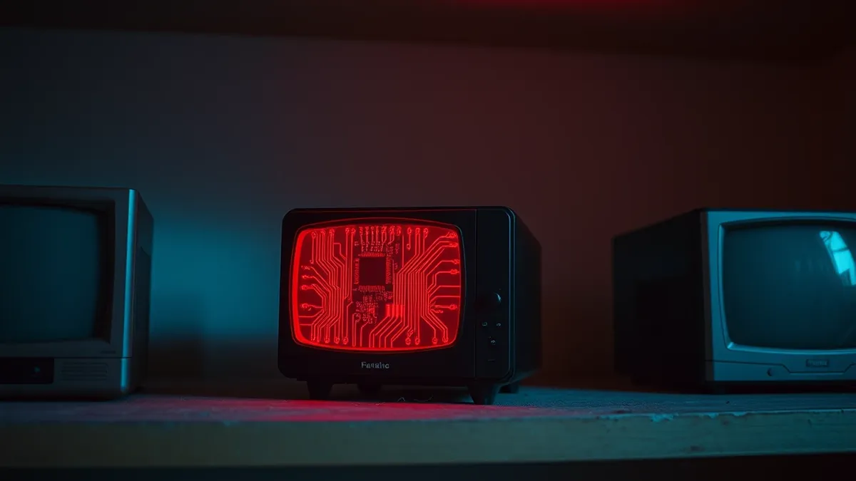 Illustration: A small black television set-top box sits alone on a dusty shelf.