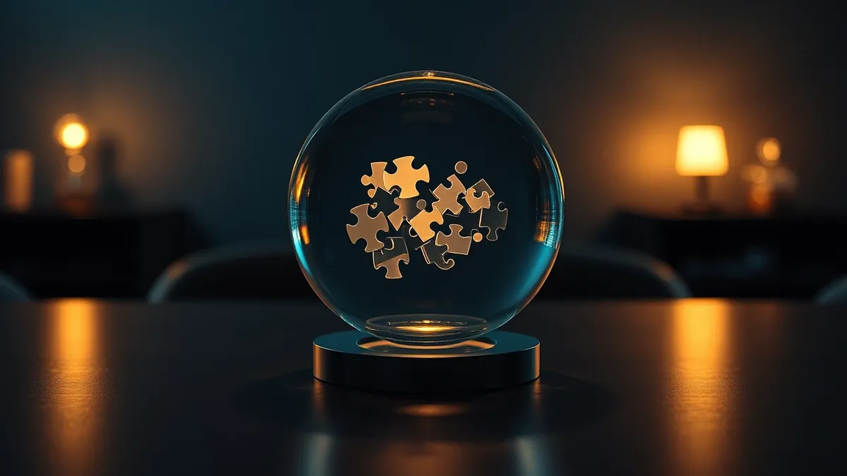 Illustration: A transparent glass sphere floats above a dark surface, filled with floating geometric shapes that interlock like puzzle pieces.