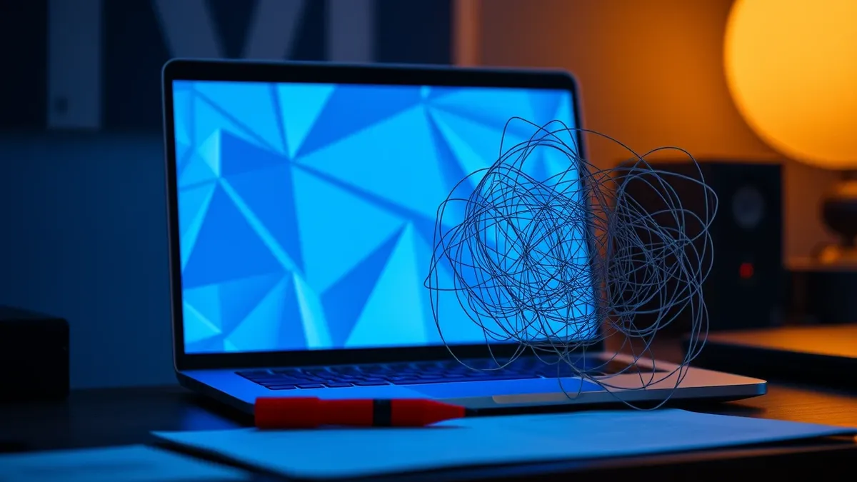 Illustration: A sleek laptop sits on a desk, its blank screen reflecting abstract blue geometric shapes.