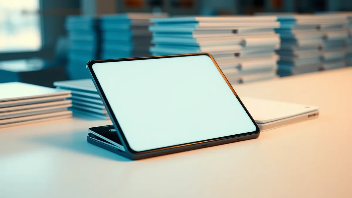 Illustration: A sleek foldable smartphone rests on a clean white surface, its screen partially open to reveal a blank display.