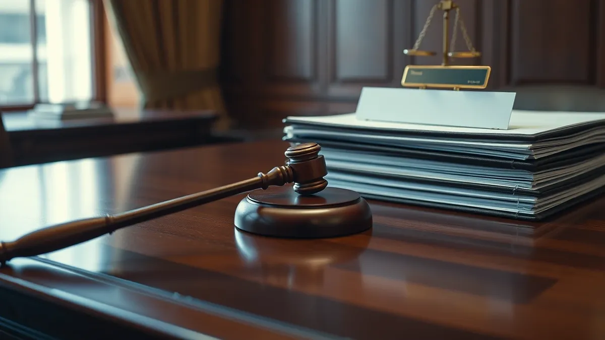 Illustration: A single wooden gavel rests on a polished mahogany table beside a thick stack of blank leather-bound folders.