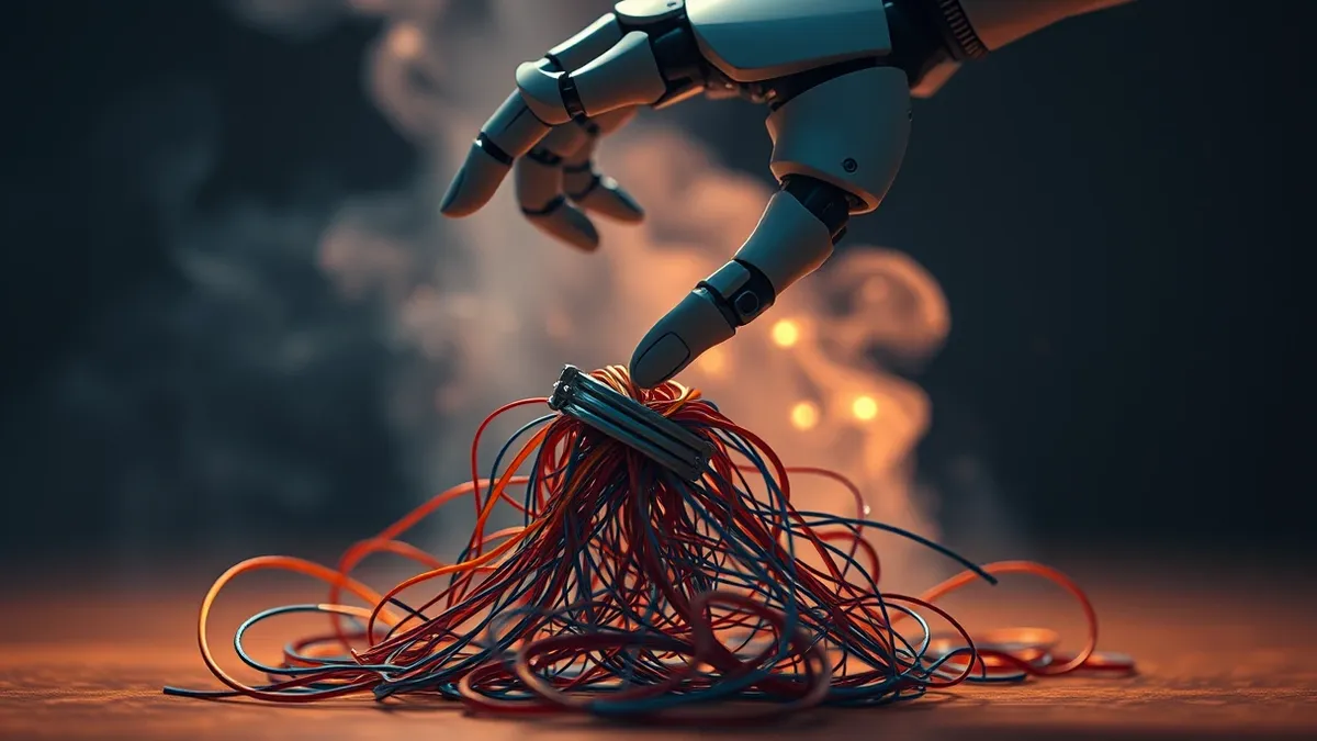Illustration: A sleek robotic arm hovers over a tangled nest of colorful digital threads representing complex code logic.