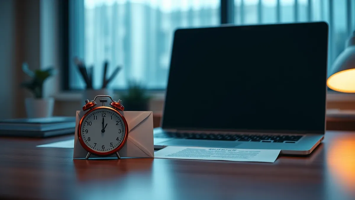 Illustration: A sleek office desk holds a single red stopwatch beside an empty envelope and a blank legal document.