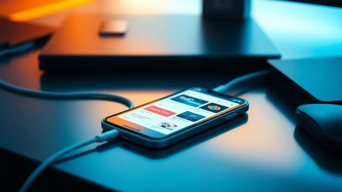 Illustration: A smartphone rests on a sleek desk, its screen displaying a generic web browser interface with abstract colorful icons.