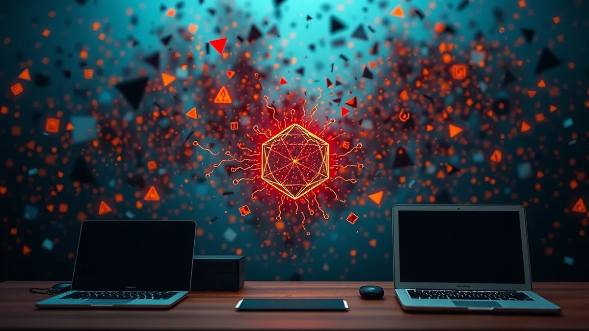 Illustration: A chaotic cloud of fragmented digital shards and warning icons swirls into a single, clean geometric node.