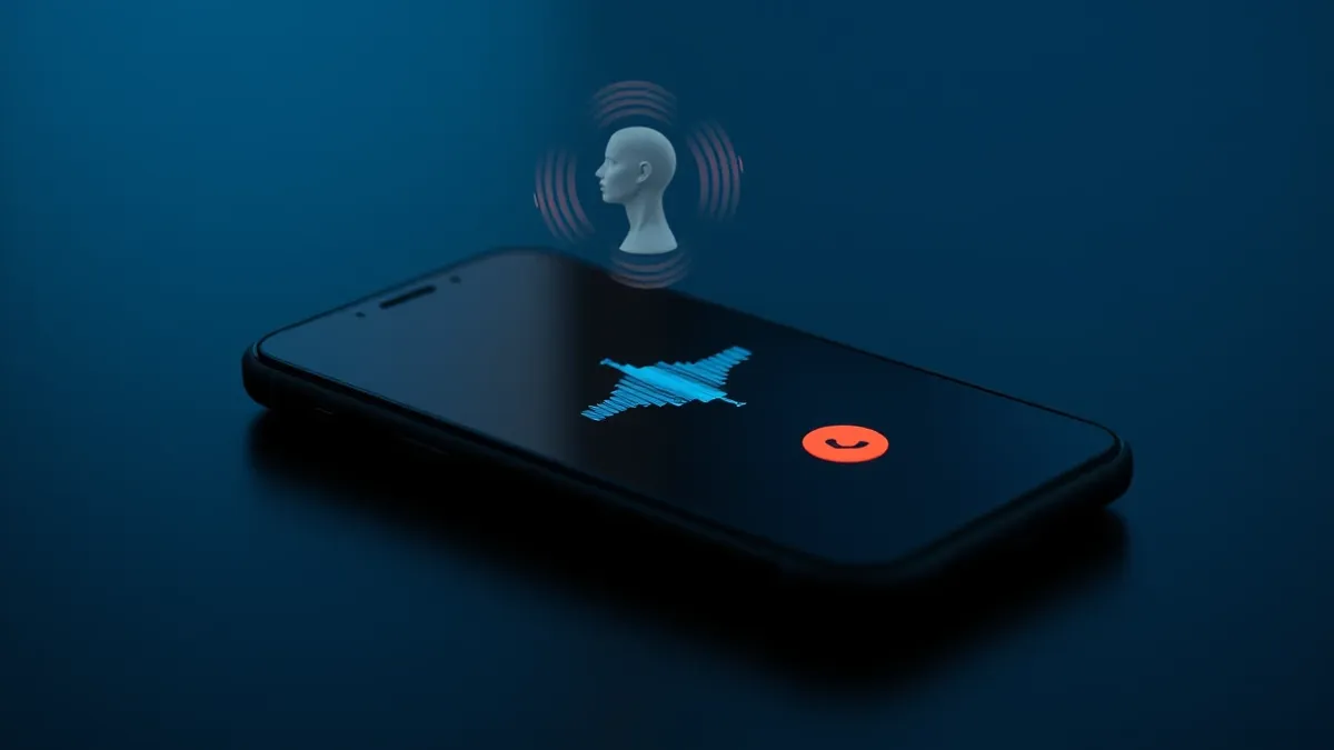 Illustration: A sleek smartphone rests on a dark surface, its screen displaying a generic incoming call interface with abstract waveforms pulsing in the center.