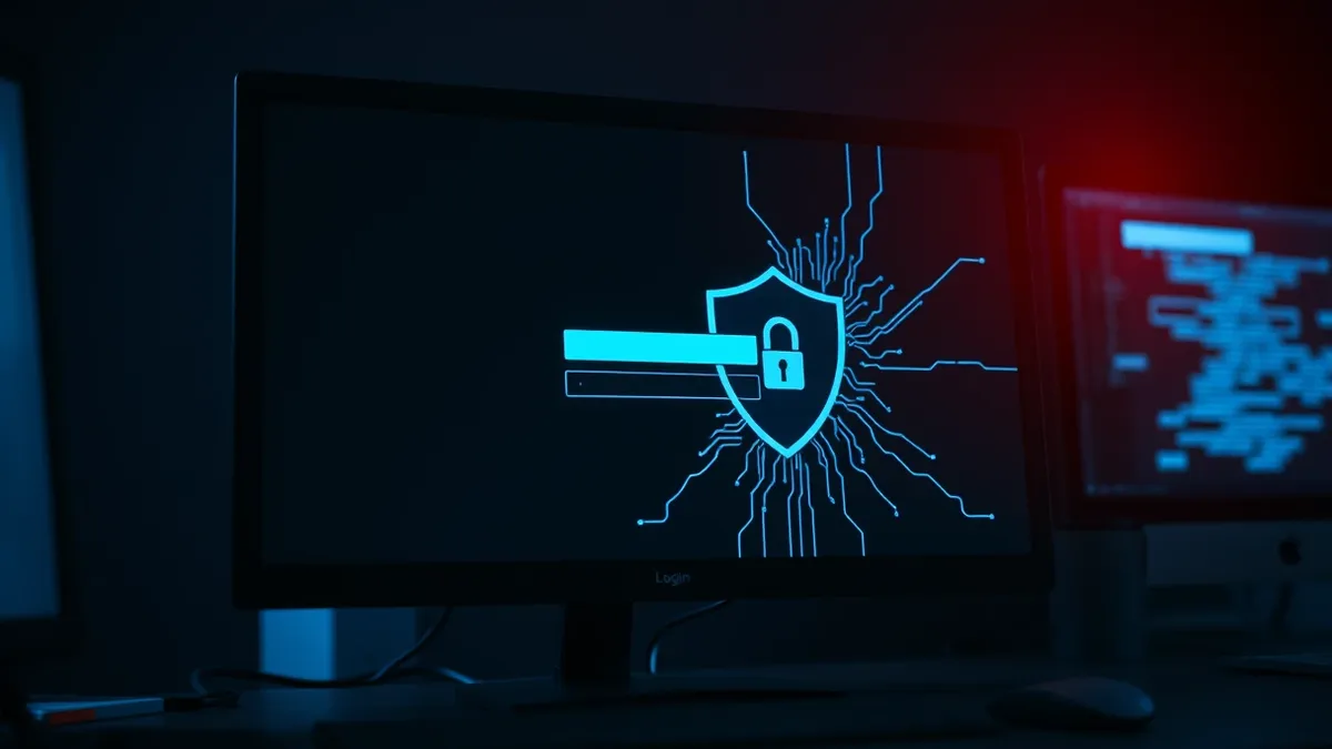 Illustration: A darkened computer monitor displays a blank login prompt while a red alert icon pulses beside it.