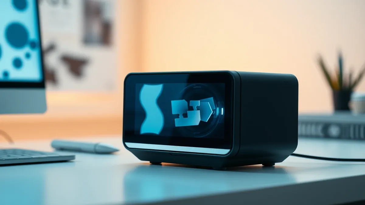 Illustration: A sleek black rectangular device sits on a clean white desk, processing a blurred digital image through its lens.