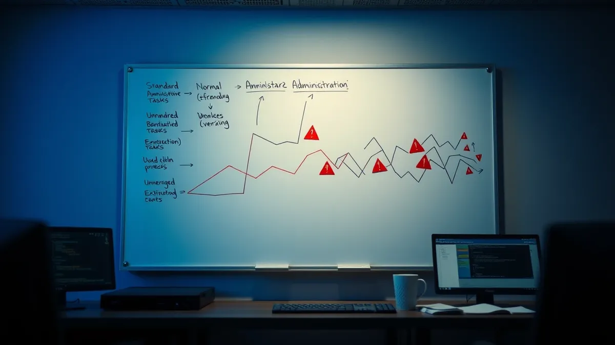 Illustration: A whiteboard displays a flowchart of standard administrative tasks that gradually transform into jagged, chaotic lines representing unauthorized data exfiltration.