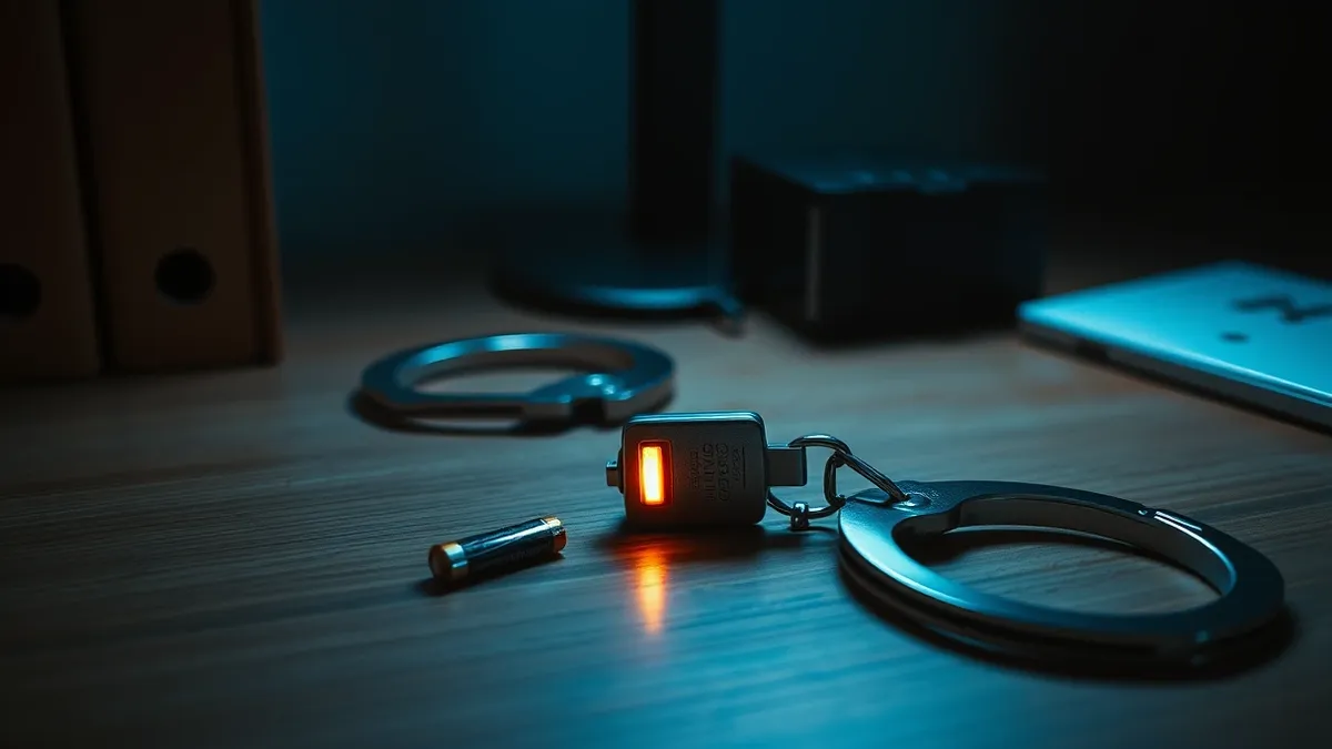 Illustration: A small metal security key rests on a plain wooden desk beside a pair of cut handcuffs and a single spare battery.