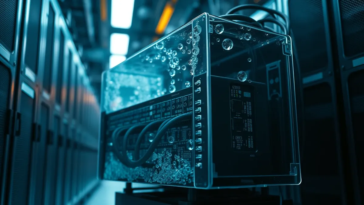 Illustration: A sleek black network switch sits inside a transparent liquid cooling chamber.