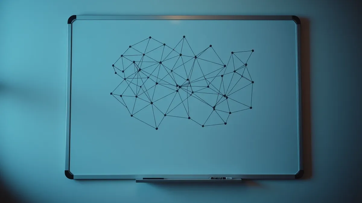 Illustration: A whiteboard displays a complex web of abstract geometric shapes connected by shifting, tangled lines.