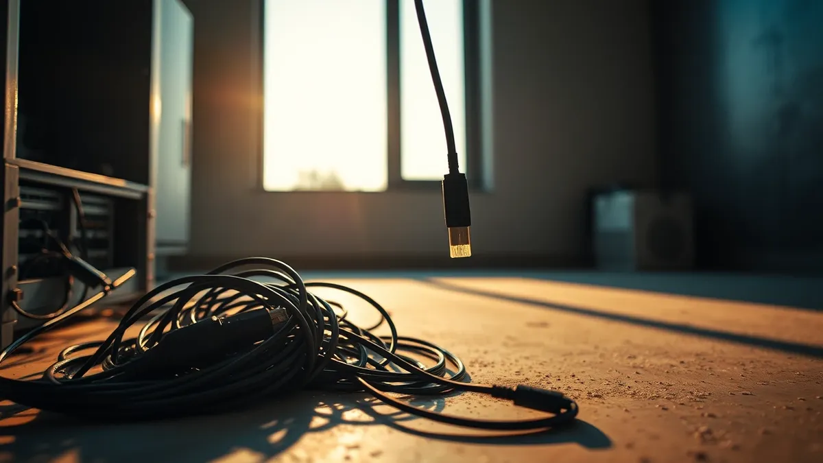 Illustration: A tangled heap of small business network cables spills from an open patch panel onto a dusty office floor.