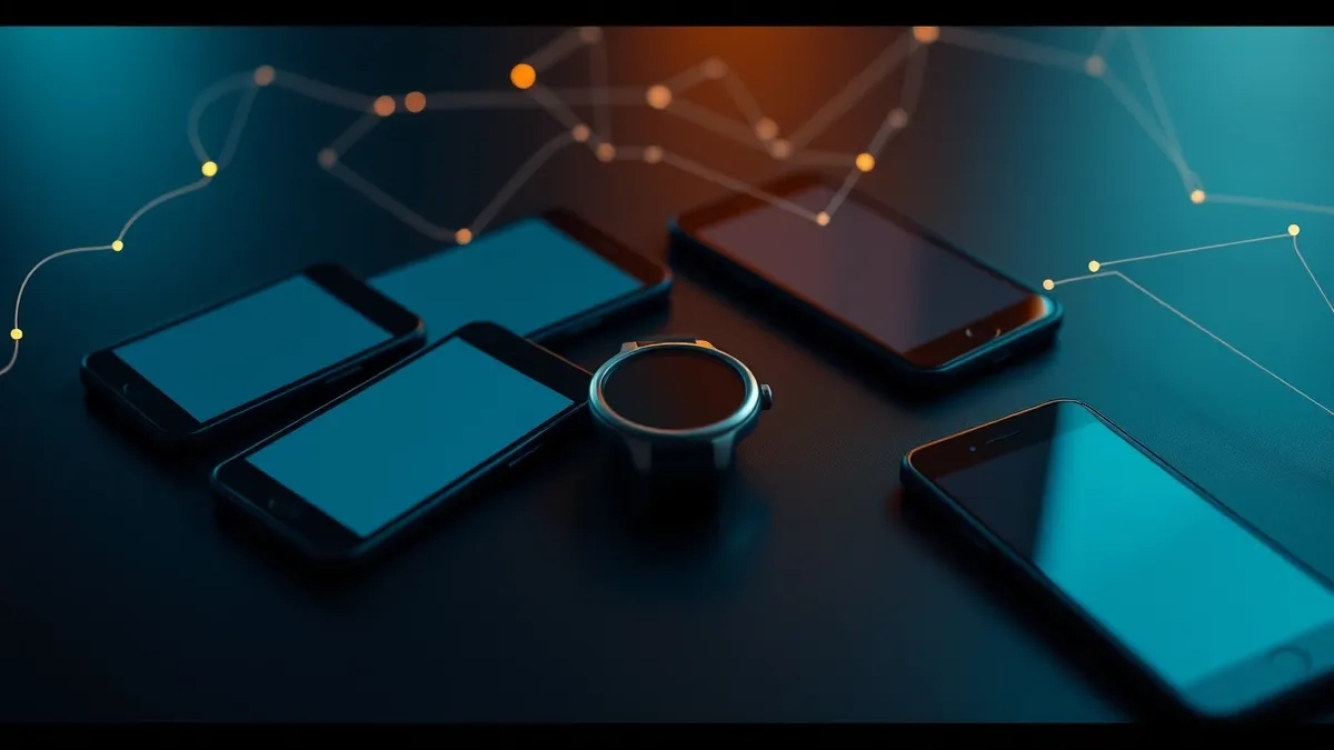 Illustration: A cluster of sleek, blank smartphones and a wristwatch rest on a dark surface.