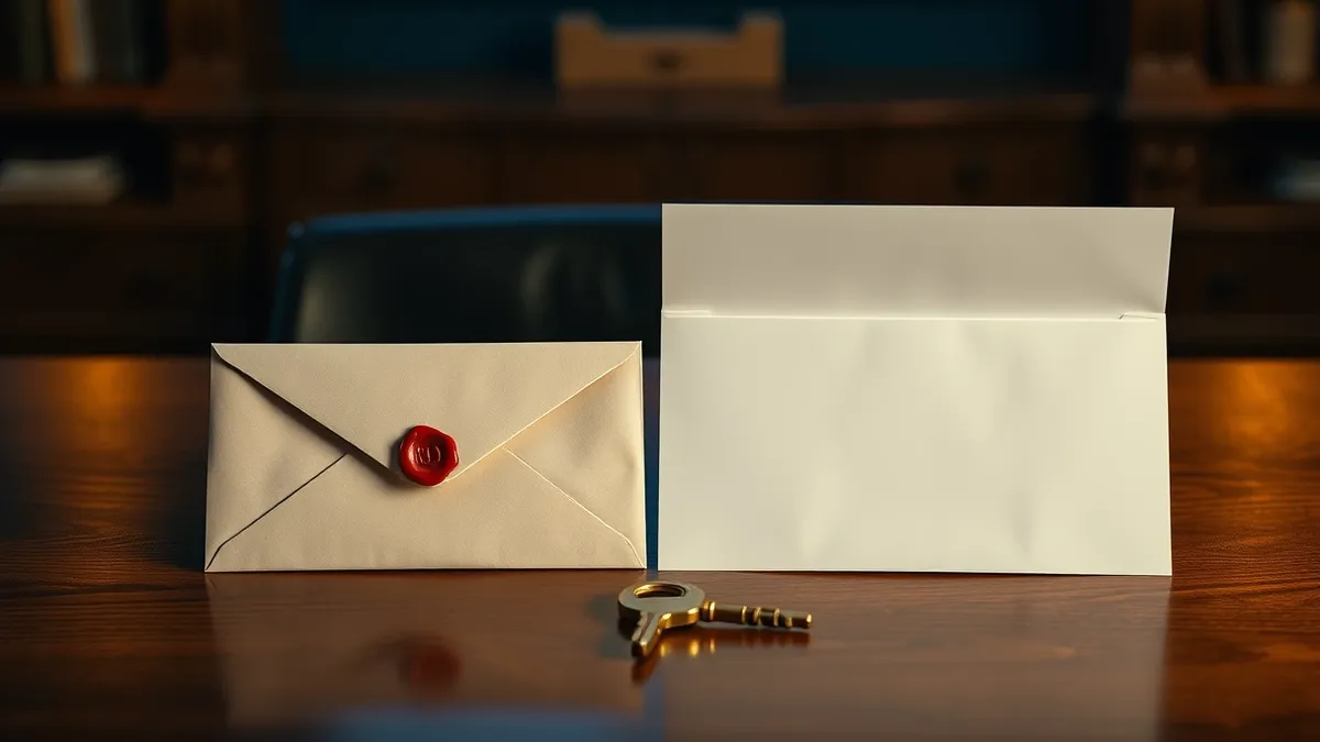 Illustration: A wooden table holds two blank paper envelopes facing each other.