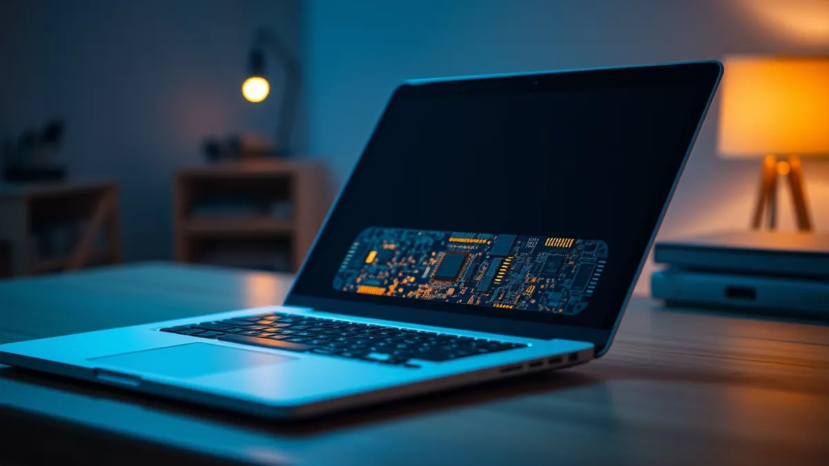 Illustration: A sleek silver laptop rests on a wooden desk, its lid open to reveal a glowing internal circuit board where tiny golden chips pulse with soft blue light, illustrating
