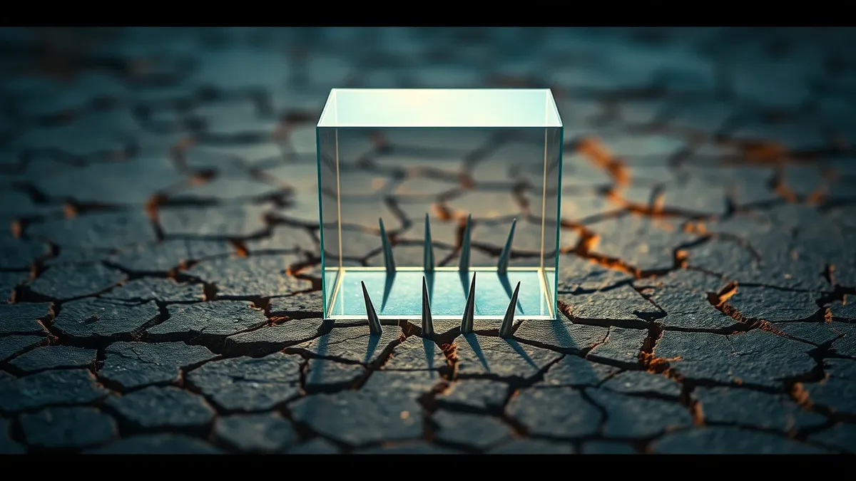 Illustration: A transparent glass box sits on a cracked stone surface, representing a fragile isolation boundary.
