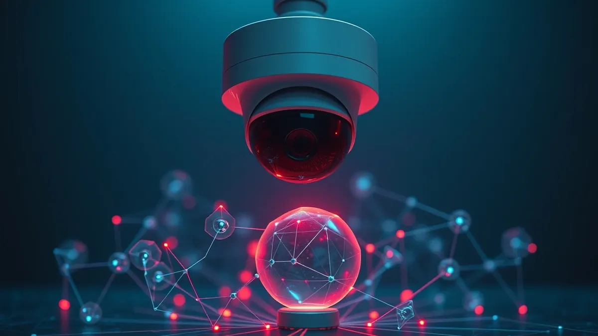 Illustration: A sleek white security camera lens hovers above a cluster of translucent, geometric neural network nodes.
