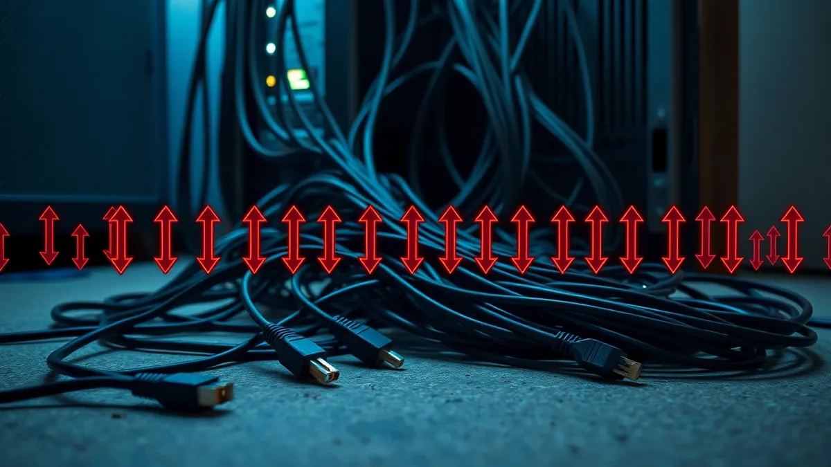 Illustration: A tangle of black ethernet cables spills from a seized server box onto a concrete floor.