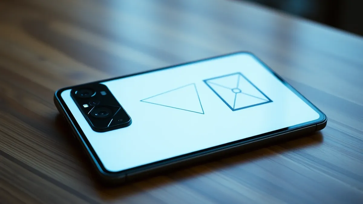 Illustration: A sleek foldable smartphone lies open on a wooden table.