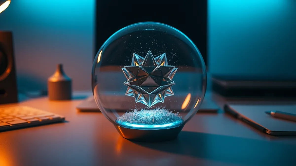 Illustration: A sleek metallic sphere sits on a clean desk, emitting a soft blue glow that pulses rhythmically.