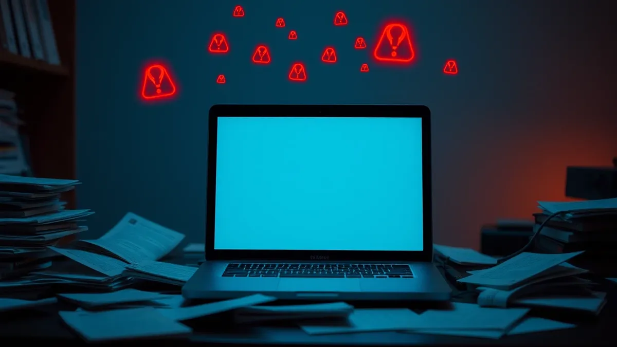 Illustration: A blank laptop screen sits on a cluttered desk beside a scattered pile of printed code sheets.