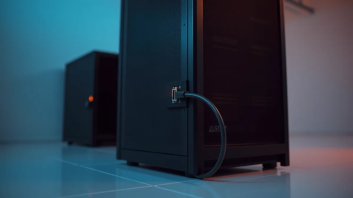 Illustration: A sleek black server tower sits on a clean white floor.