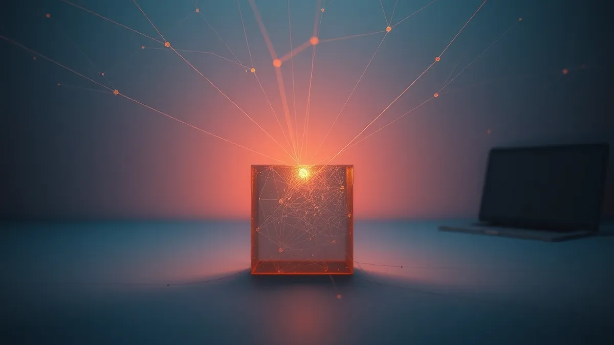 Illustration: A tangled web of translucent threads connects isolated geometric blocks in a sterile void.