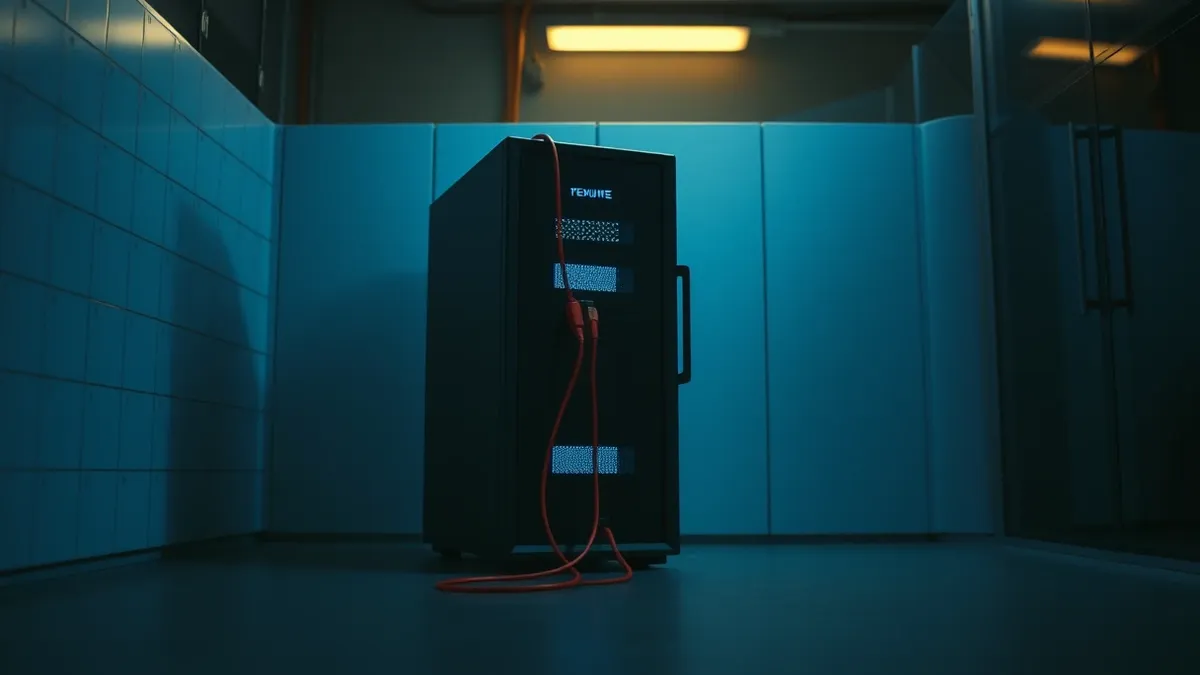 Illustration: A sleek black server sits in a dark room, its front panel glowing with soft blue light.