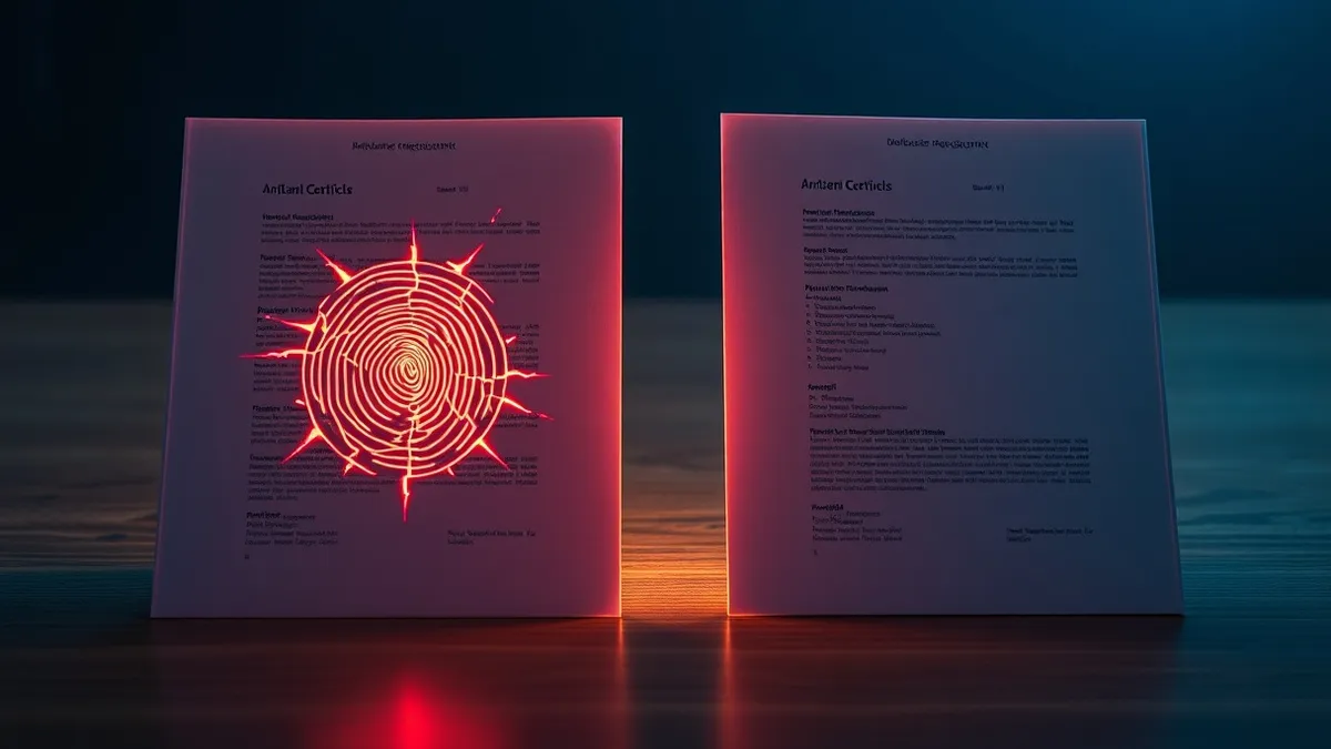 Illustration: Two identical digital documents sit side by side, but one shows a cracked, jagged hash fingerprint while the other displays a smooth, intact seal.