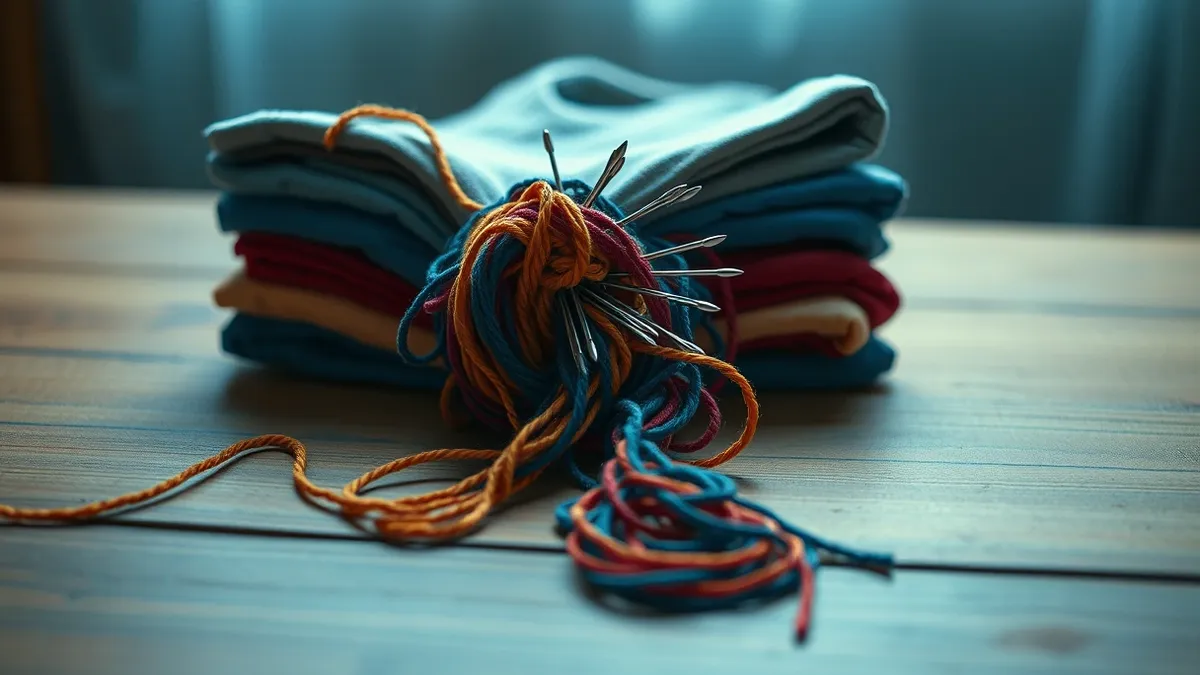 Illustration: A tangled knot of colorful yarn unravels from a neat stack of folded fabric, revealing sharp metal needles hidden inside the soft material.