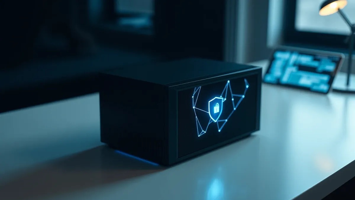 Illustration: A sleek, featureless black server box sits on a clean white desk, emitting a faint, soft blue glow from its core.