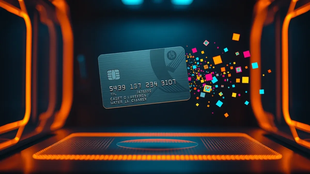 Illustration: A sleek silver credit card hovers over a glowing digital scanner, dissolving into a stream of colorful, abstract geometric shapes that swirl into a secure, opaque vau