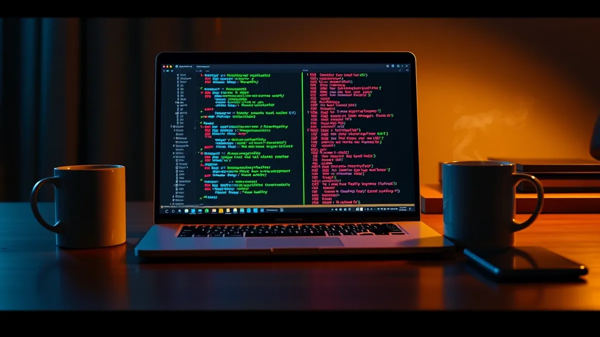 Illustration: A sleek laptop sits on a wooden desk next to a steaming coffee mug.