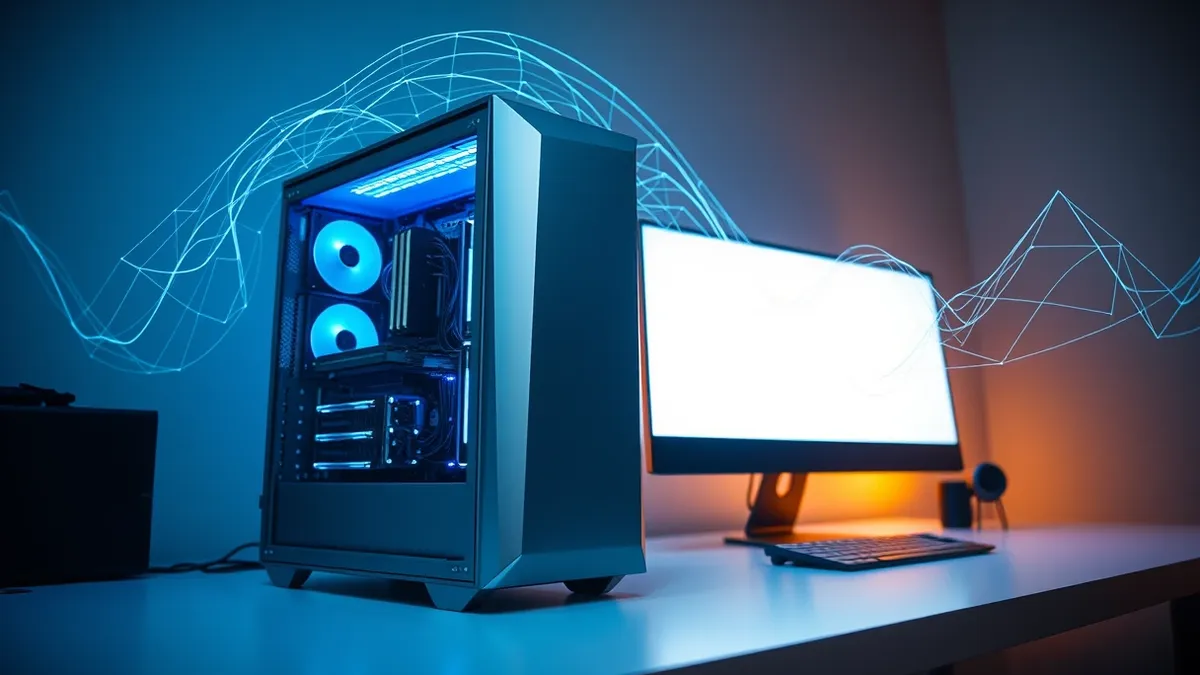 Illustration: A sleek silver computer tower sits on a clean white desk, its side panel removed to reveal intricate circuit boards glowing with soft blue light.