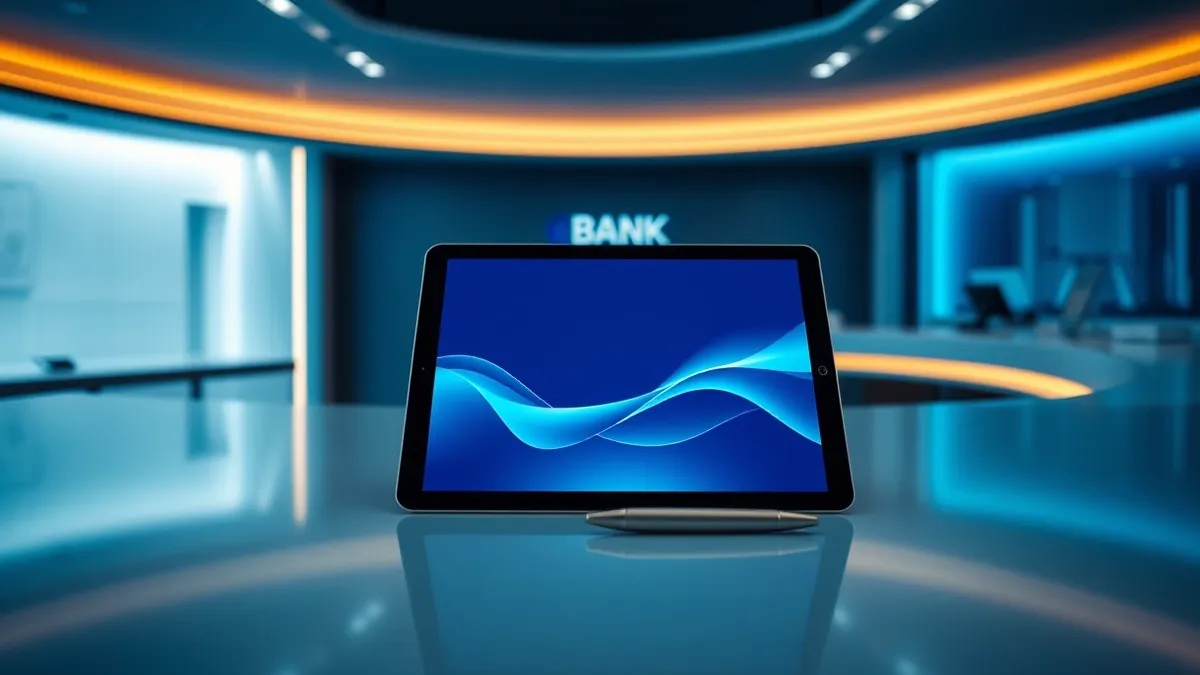 Illustration: A sleek, minimalist bank branch interior features a smooth, curved service counter.
