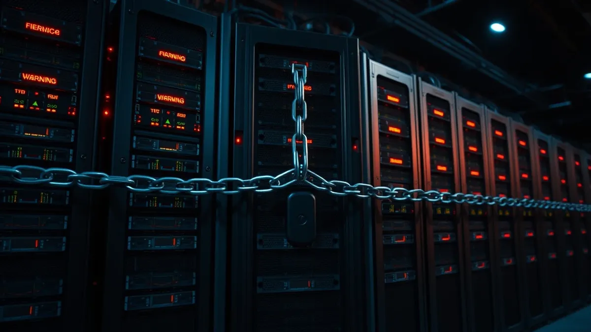 Illustration: A massive row of black server blades sits in a dark room with red warning lights pulsing on their status panels.