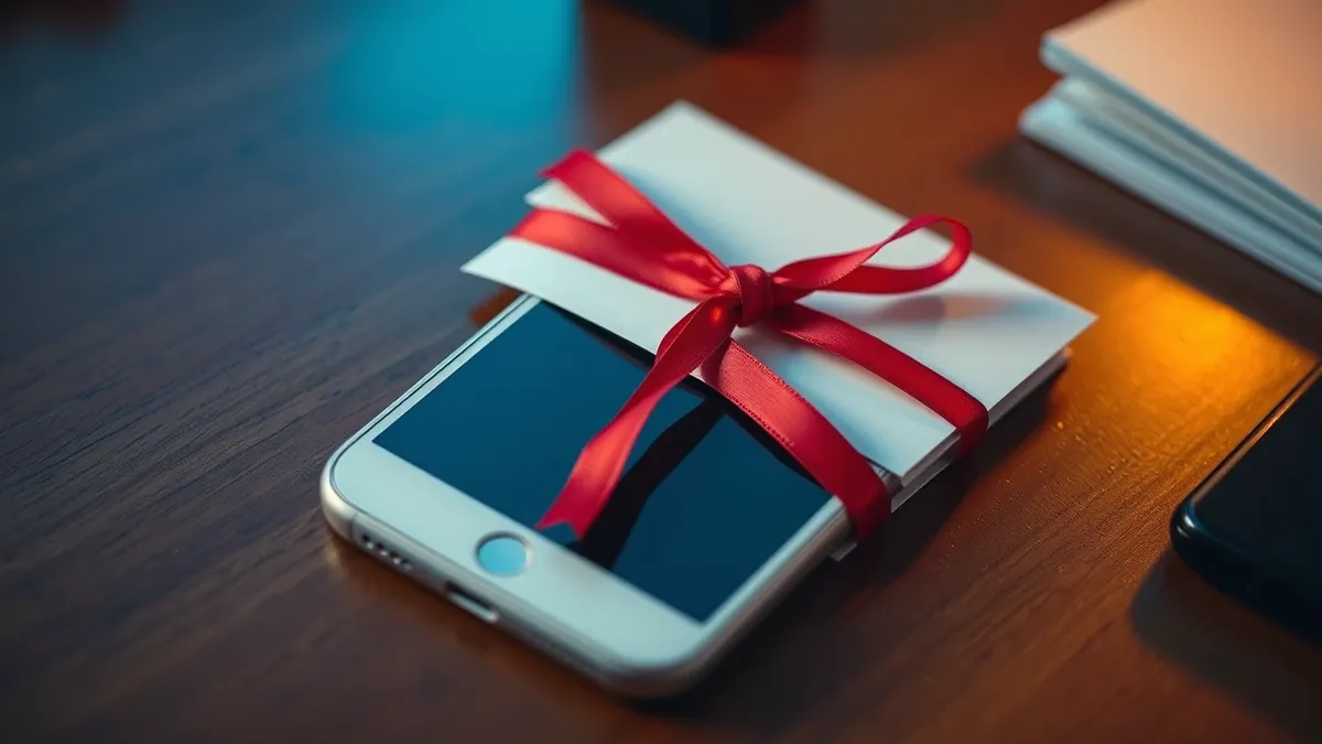 Illustration: A white smartphone rests on a wooden desk next to a small stack of paper files.