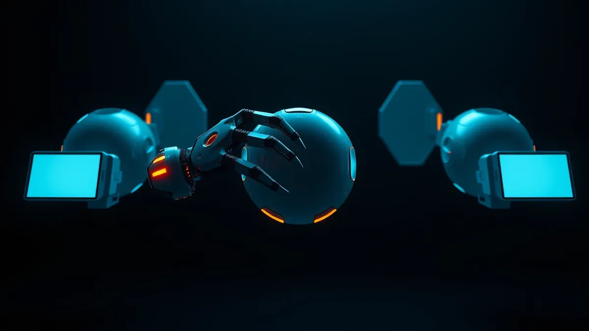 Illustration: Three distinct, unfinished digital game models float in a dark void.